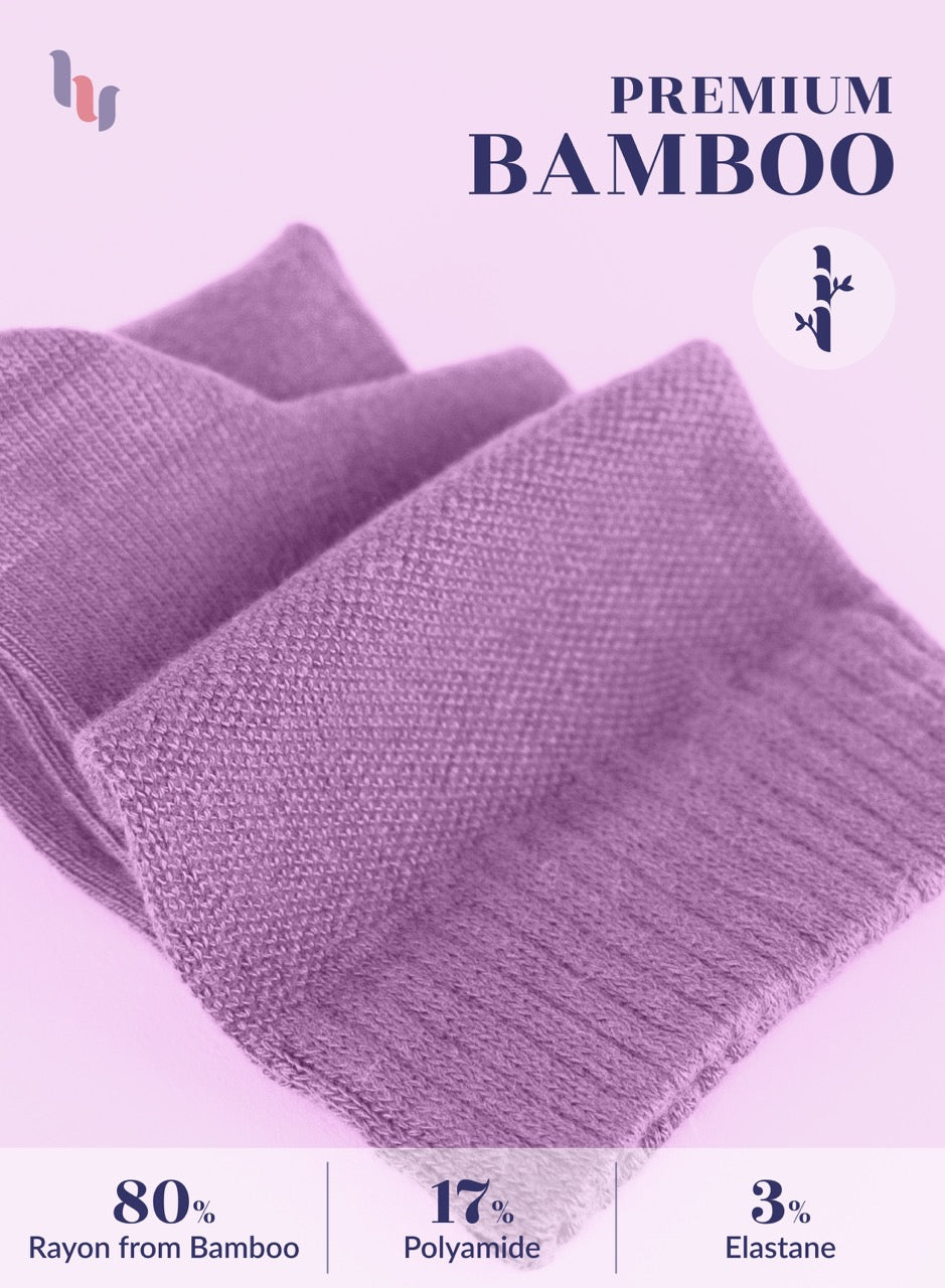 Lilac fabric with bamboo text and fiber content details on a light purple background