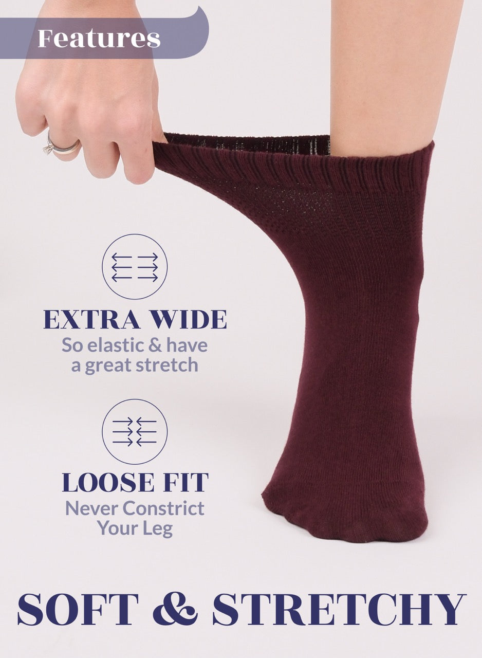 Burgundy sock being worn with text highlighting features on a white background