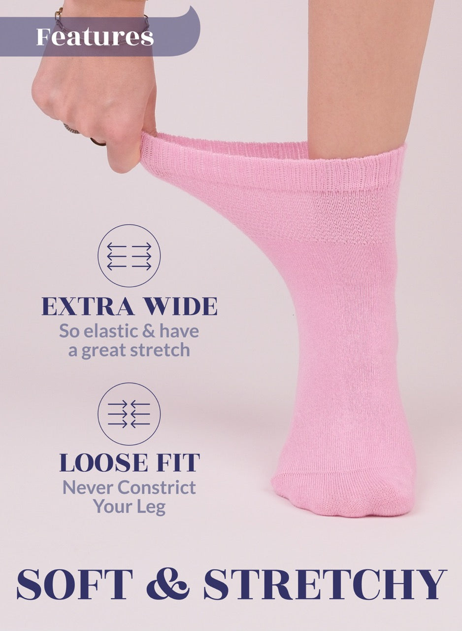 Pink sock on a leg with text highlighting features like extra wide, loose fit, and soft & stretchy.