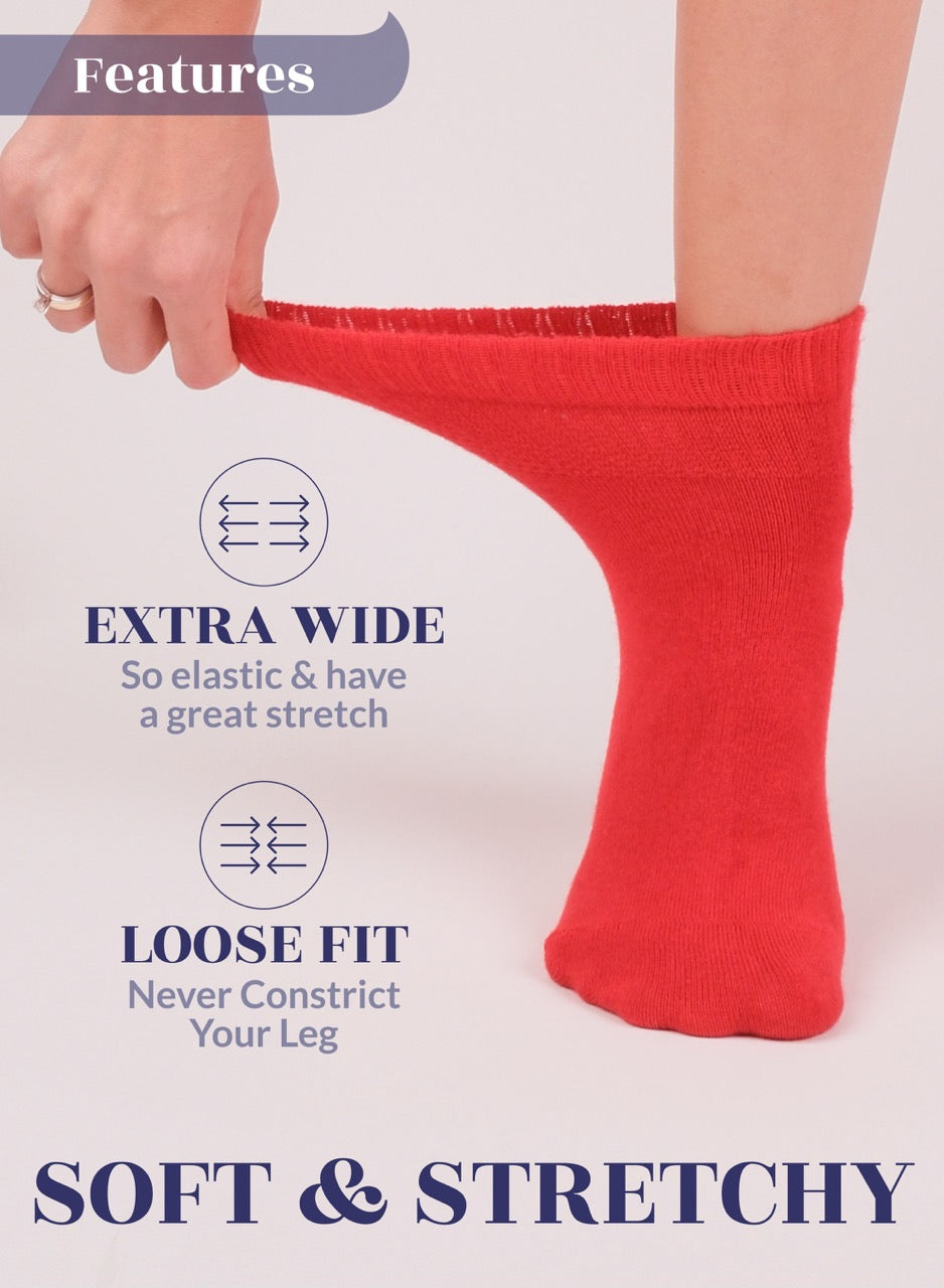 Red sock being worn with text highlighting features on a light gray background