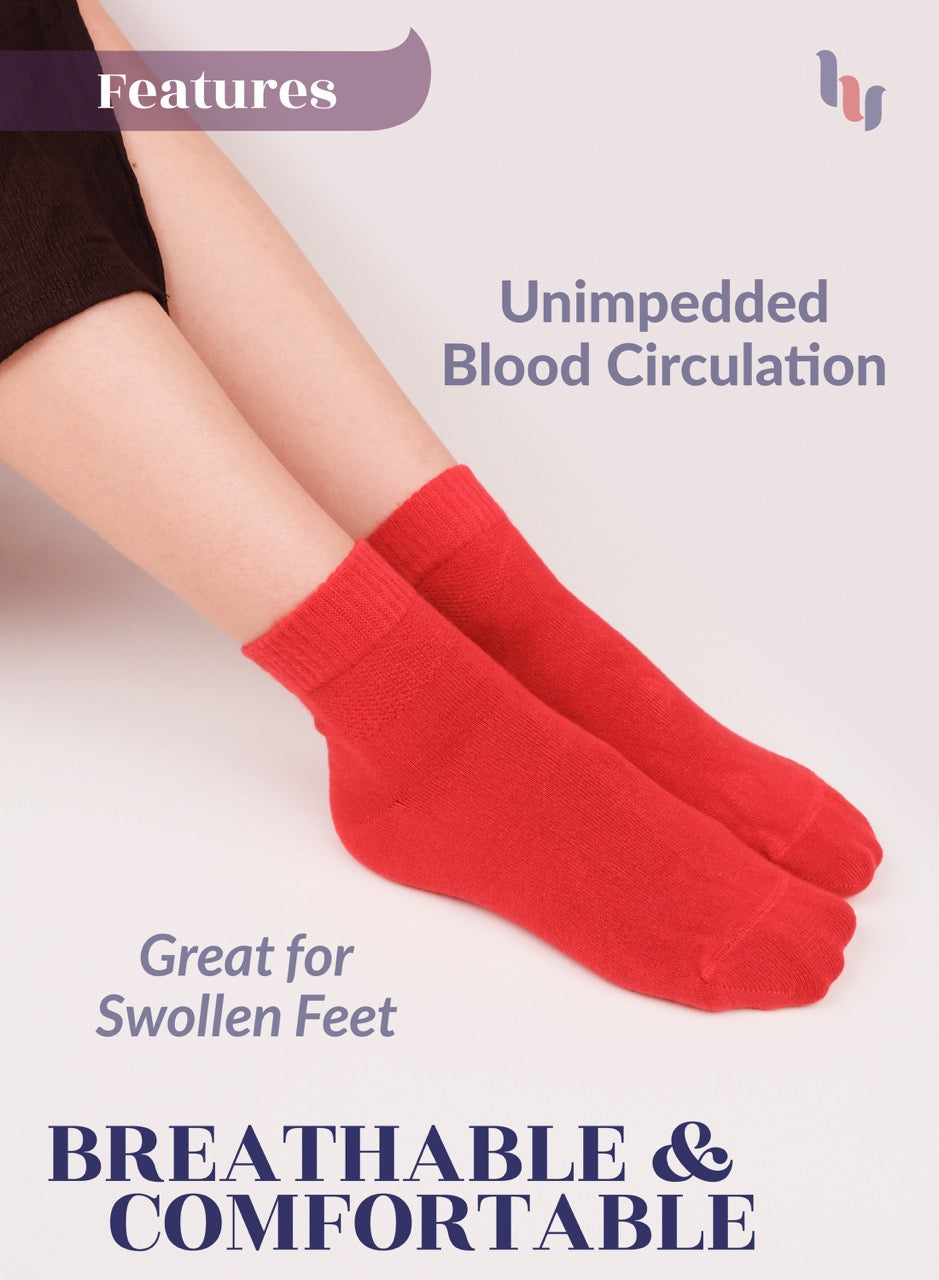 Red socks worn by a person with text highlighting features on a light background