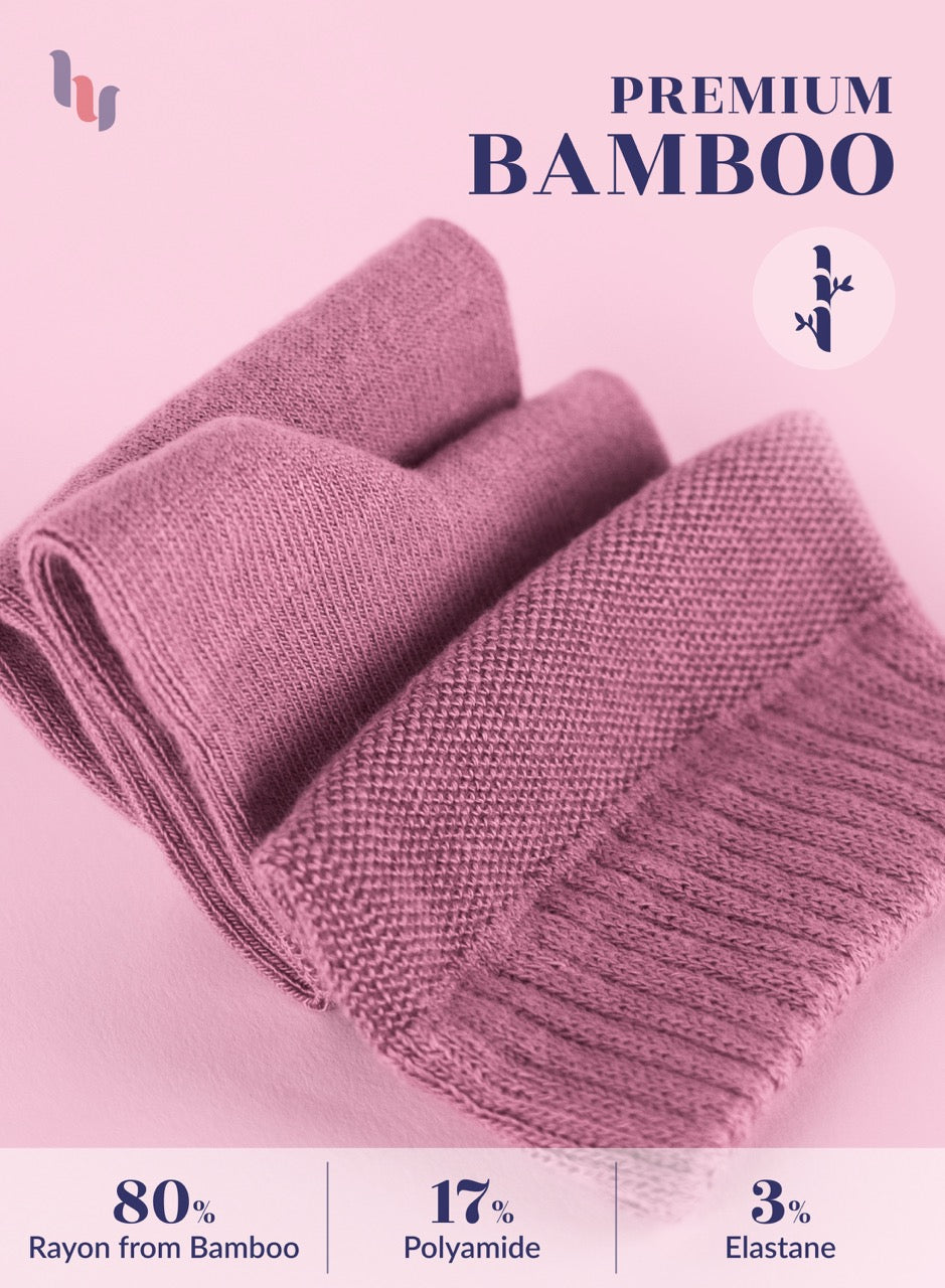 Rose Wood knitted fabric with bamboo text and fiber content details on a pink background