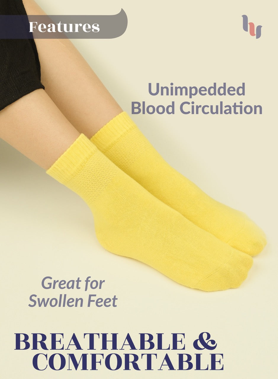 Yellow socks worn by a person on a beige background with text about blood circulation and comfort.