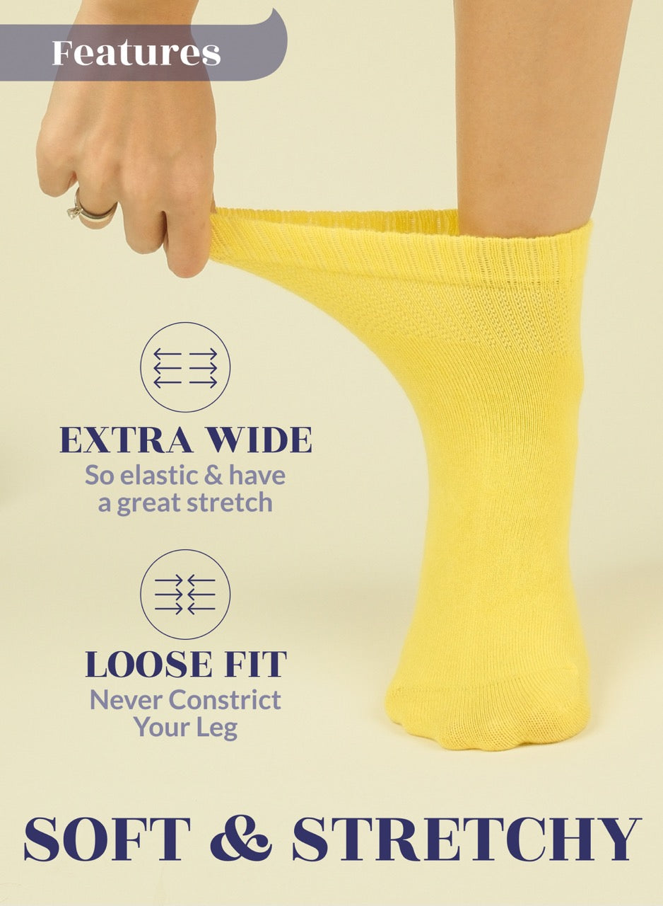 Yellow sock with text highlighting features on a beige background