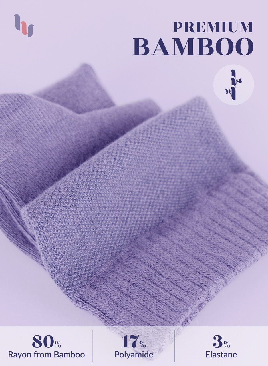 Aster Purple  fabric with bamboo text and fiber content details on a light purple background