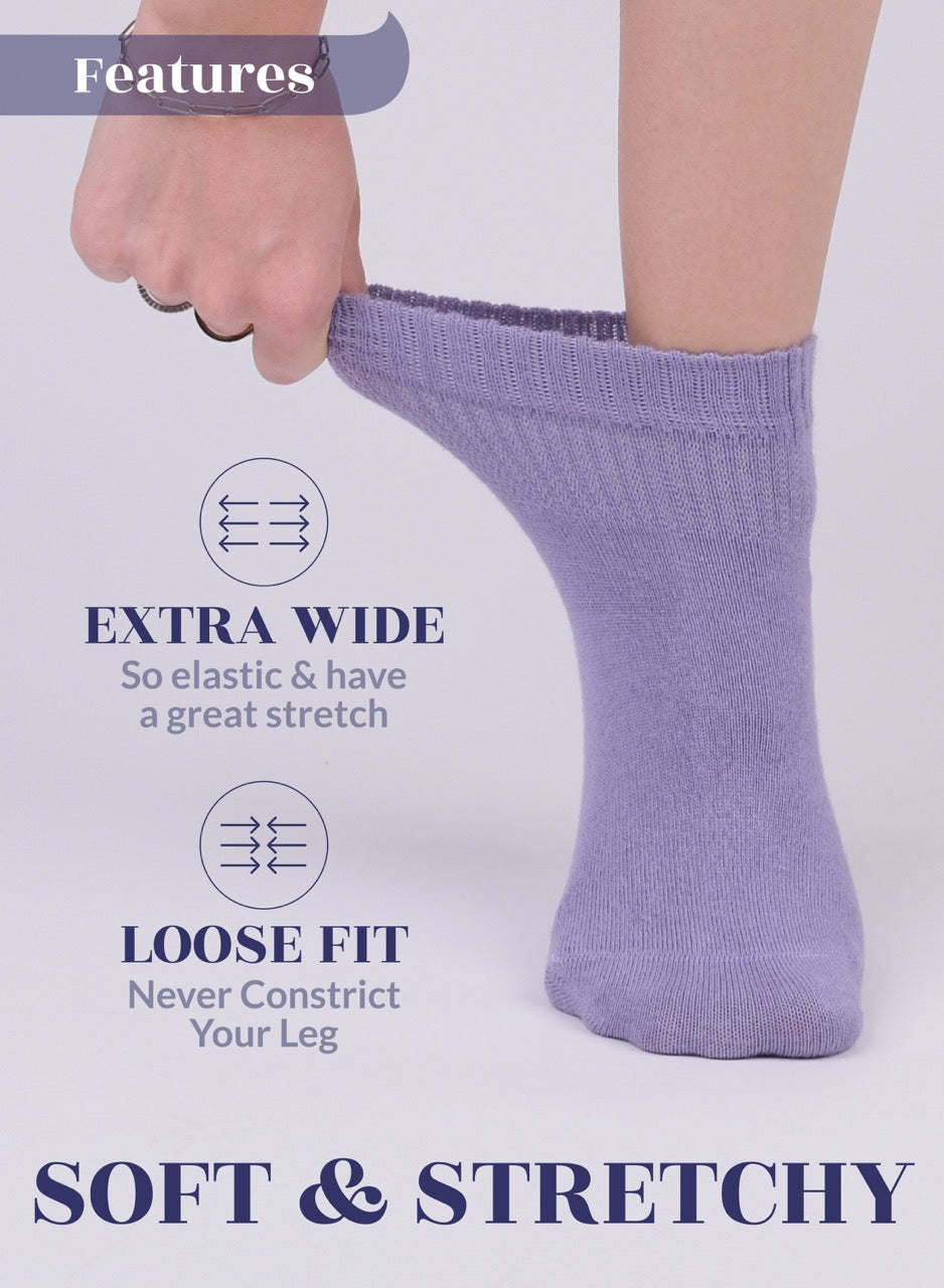 Aster Purple  sock being worn with text highlighting features on a light gray background