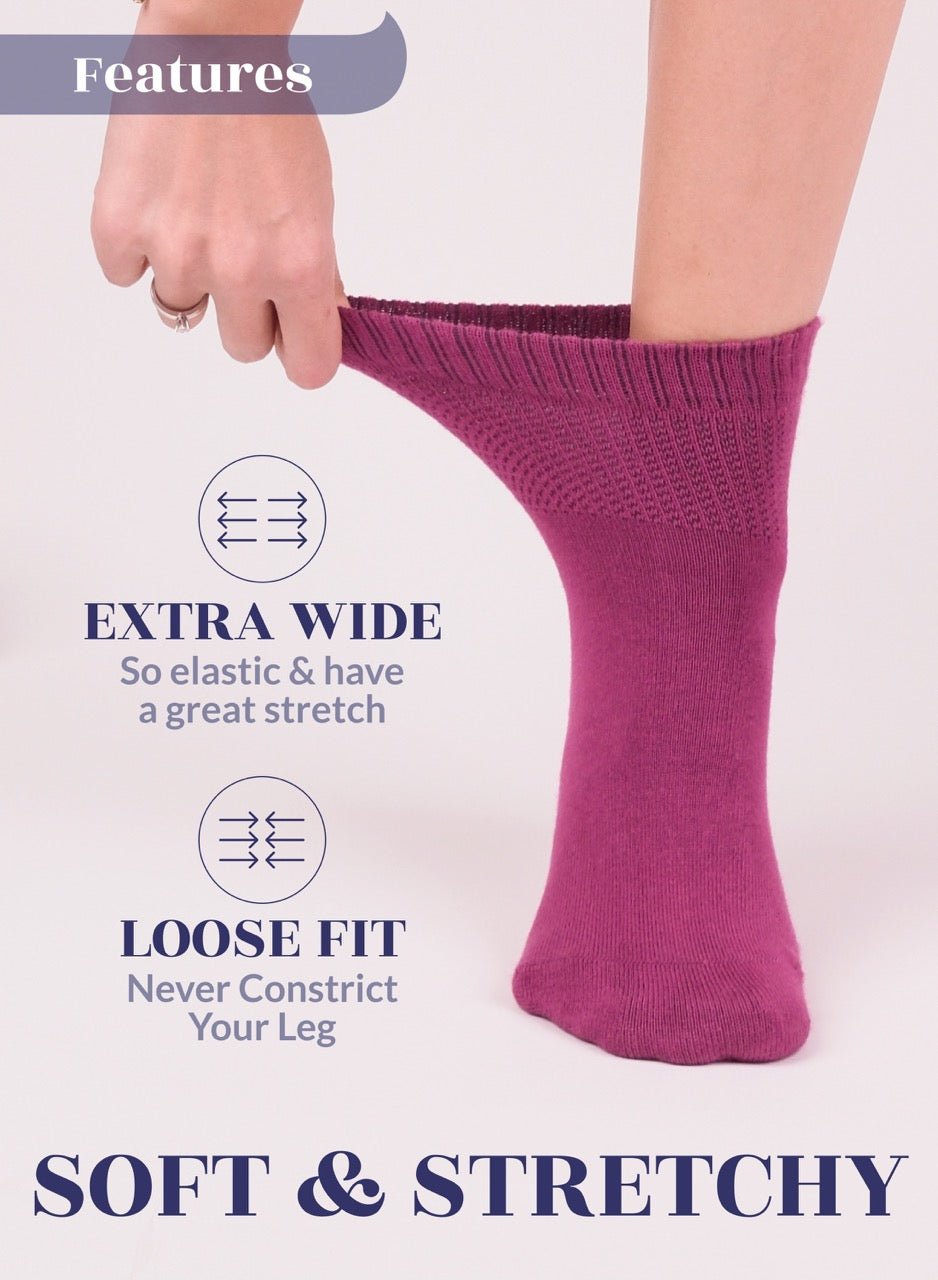 fuchsia sock being worn with text highlighting features on a white background