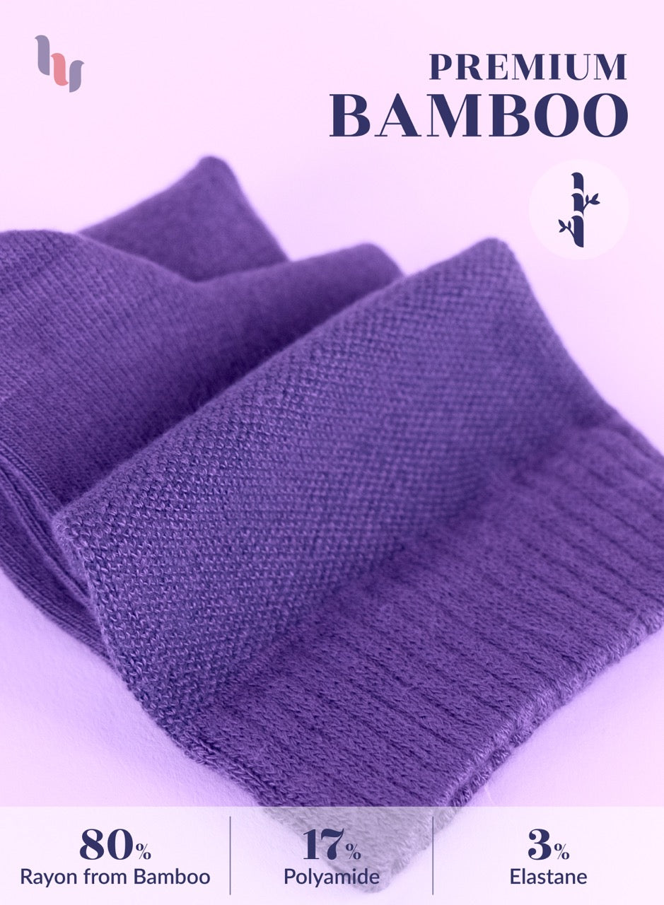 Purple fabric with bamboo text and fiber content details on a white background