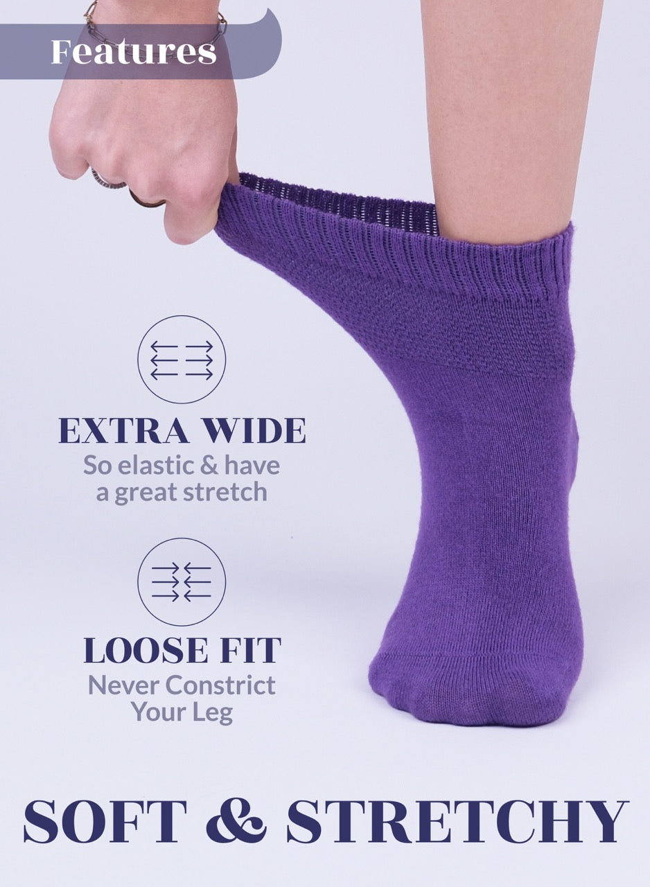 Purple sock being worn with text highlighting features on a light purple background