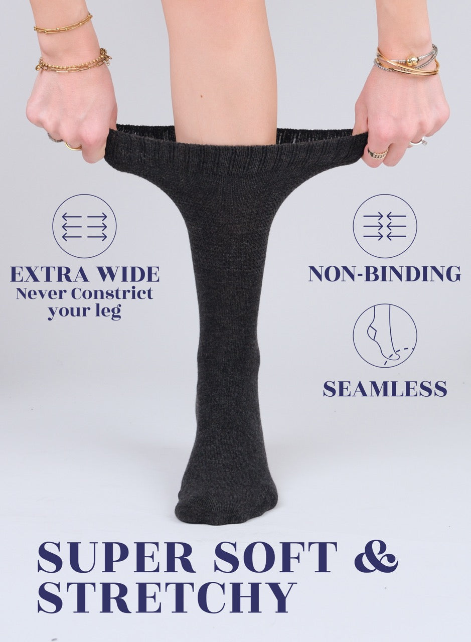 Person wearing a black sock with text highlighting features on a white background