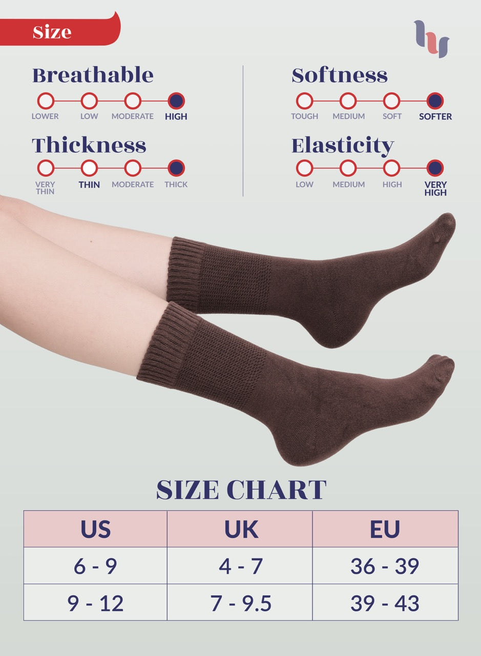 Brown socks with size chart and feature indicators on a light gray background
