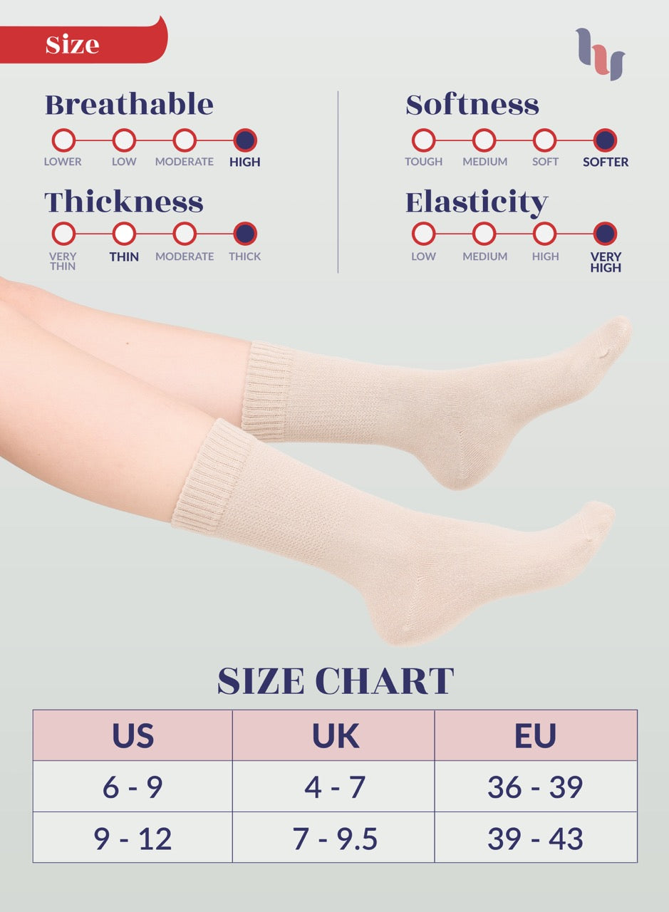 Leg wearing a light beige sock with size chart and on a light gray background
