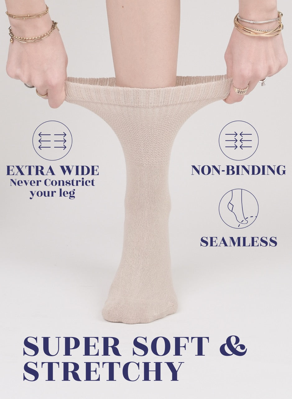 Light Beige tights being held up with text highlighting features on a white background