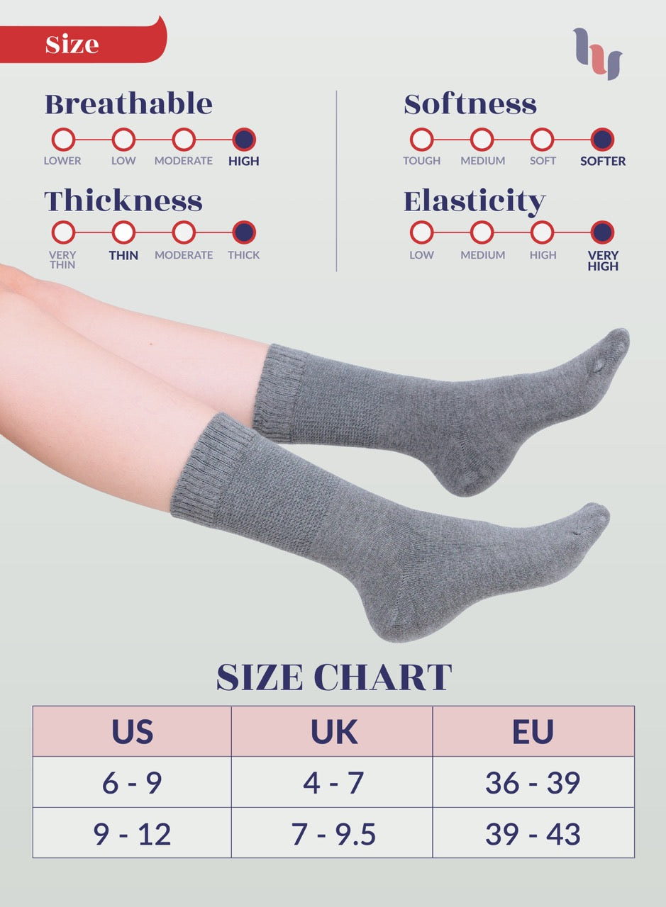 Melange Gray socks with size chart and feature indicators on a light gray background