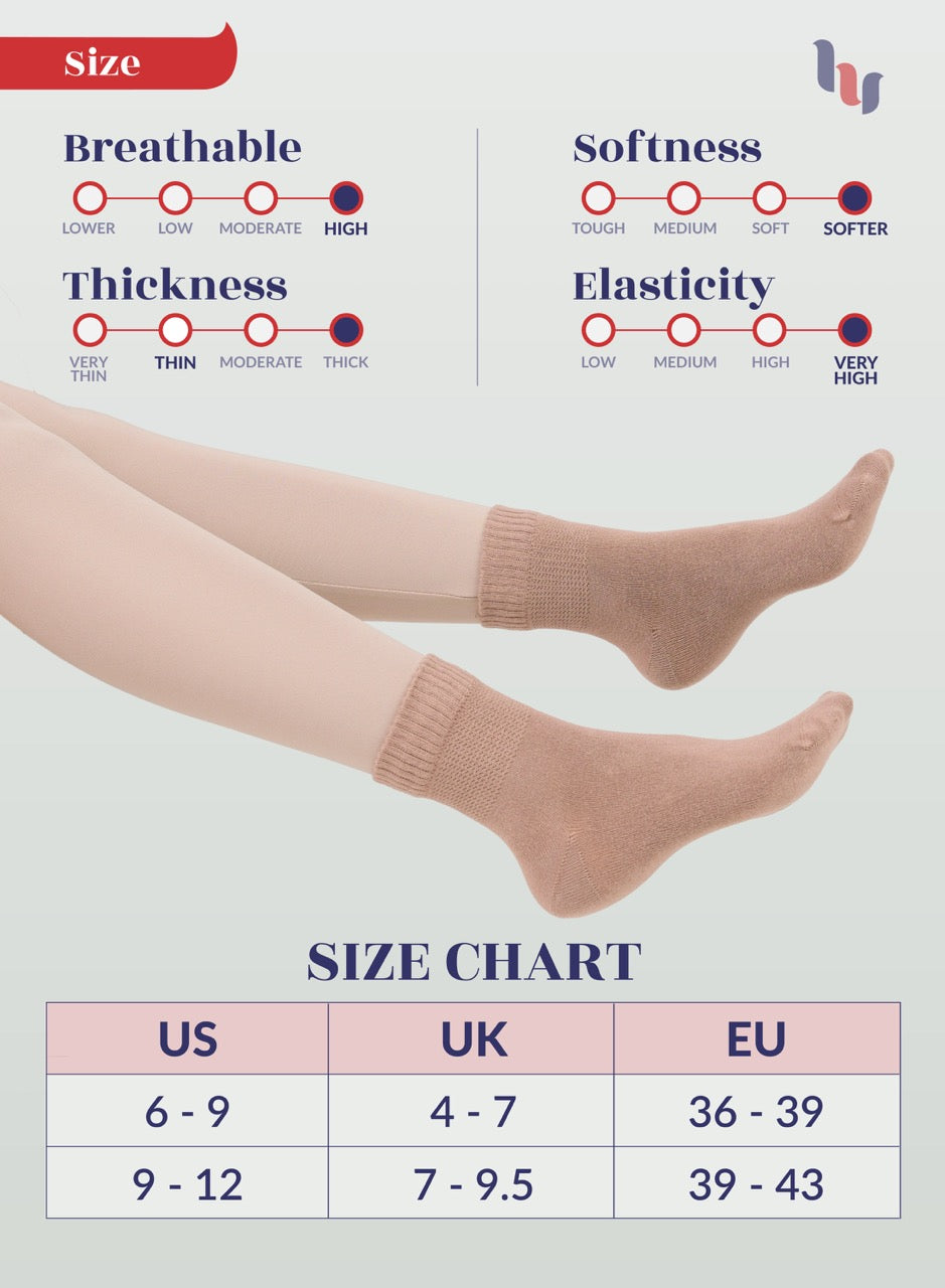 Pair of Milk Coffee socks with size chart and feature ratings on a light gray background