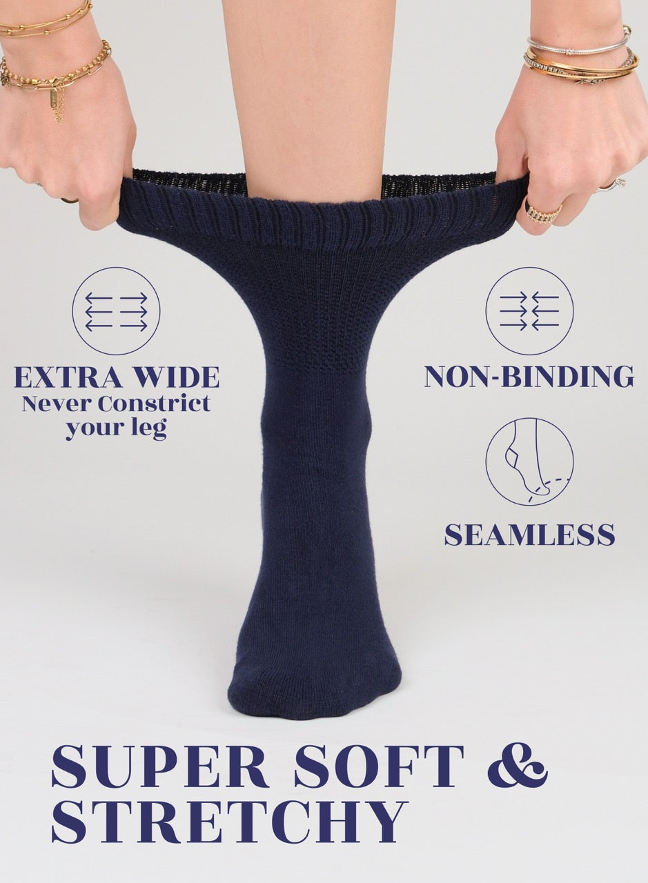 Navy blue socks held up with text highlighting features on a light gray background