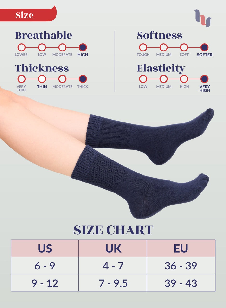 Navy blue socks being worn with size chart and feature indicators on a light gray background
