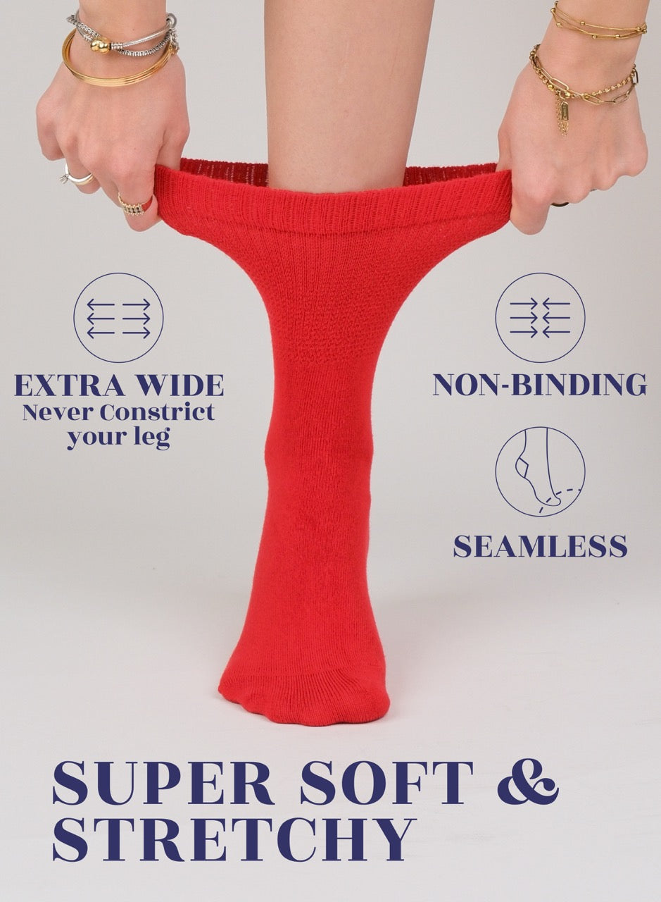 Red crew sock being held up with text highlighting features on a gray background