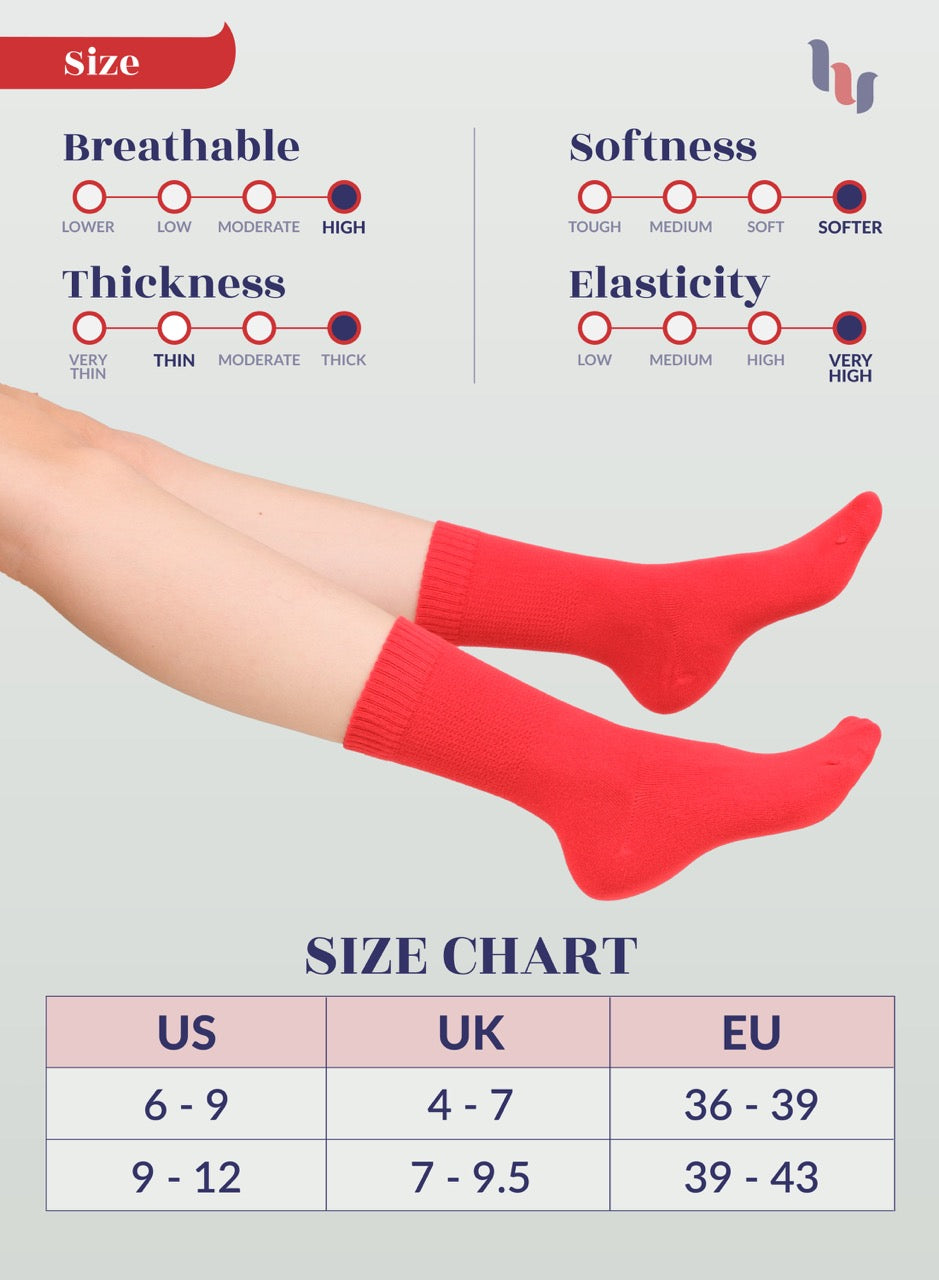 Red socks being worn with size chart and feature indicators on a light gray background