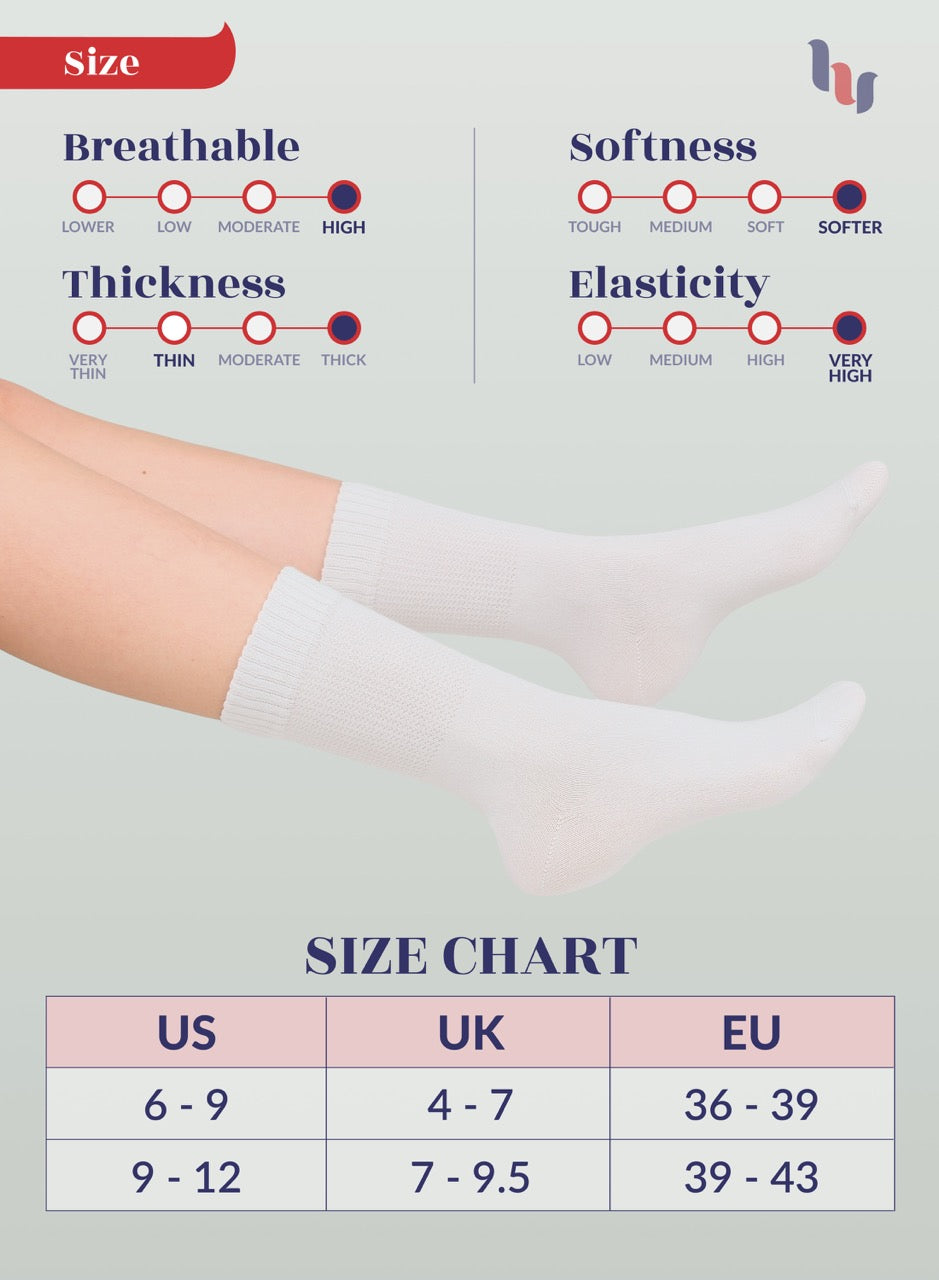 Product feature chart with ratings for breathable, thickness, softness, and elasticity, along with a size chart in US, UK, and EU.