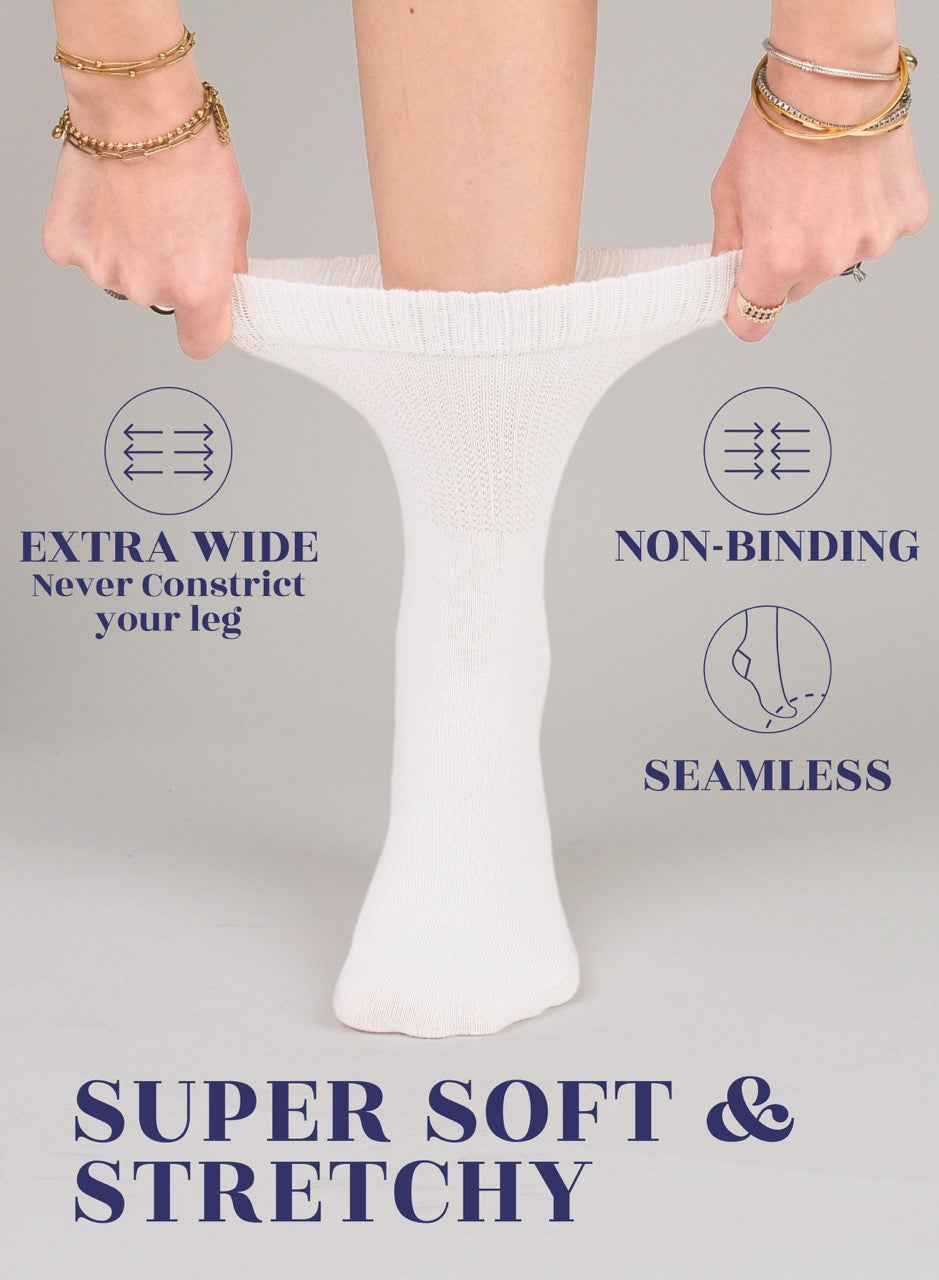 White sock being stretched with text highlighting features on a gray background