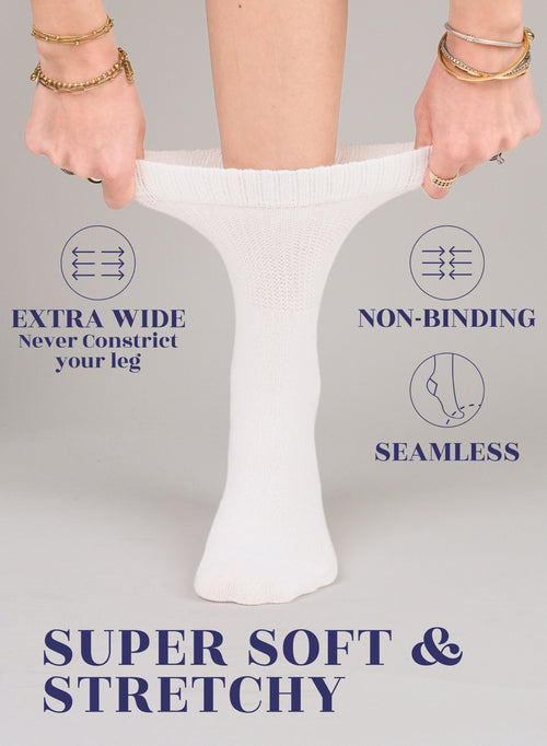 White sock being stretched with text highlighting features on a gray background