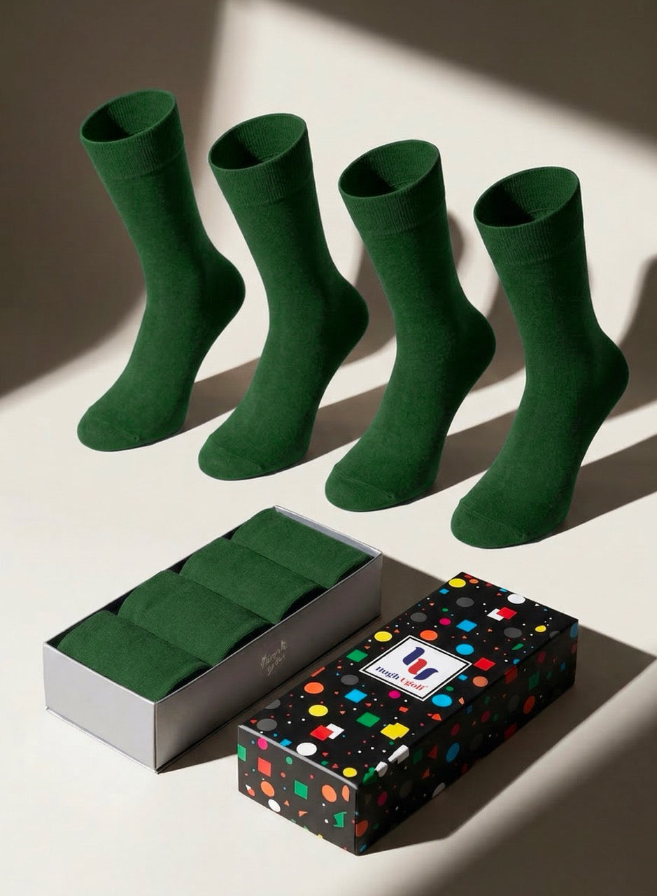 Four army green socks with a branded box on a light background