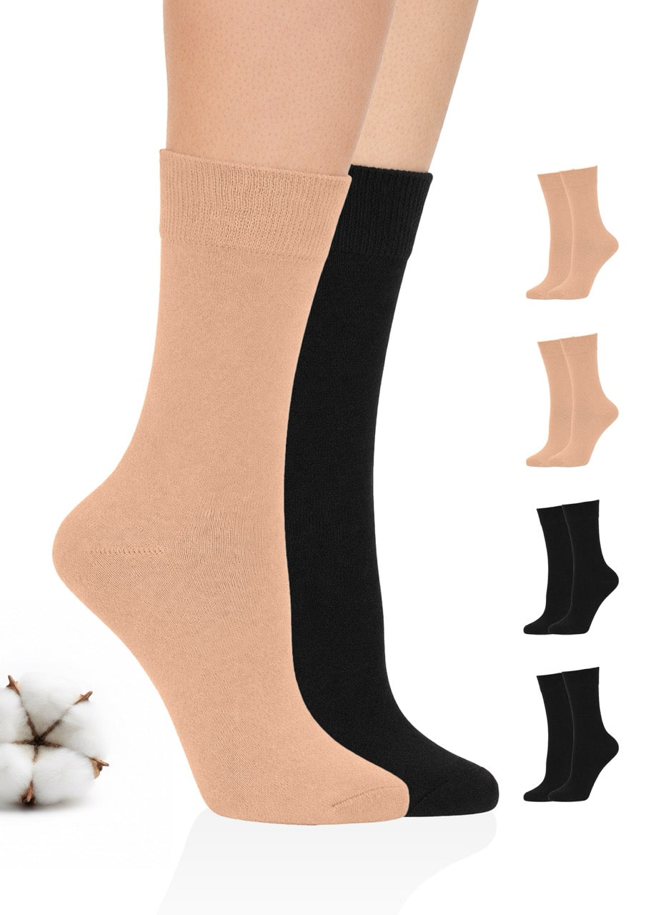 Two pairs of socks, one beige and one black, with additional pairs displayed on a white background.