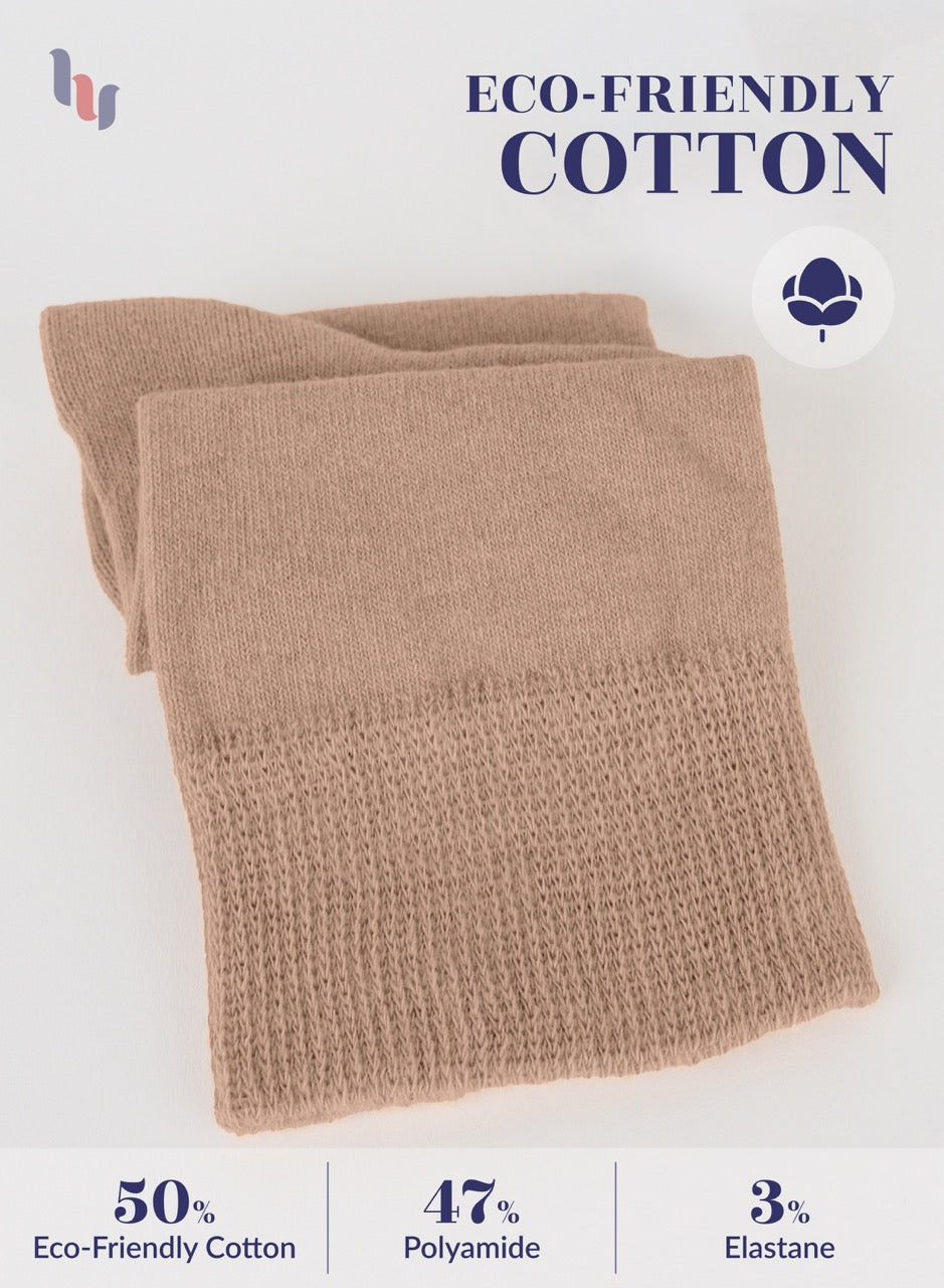 Beige fabric with eco-friendly cotton label on a white background