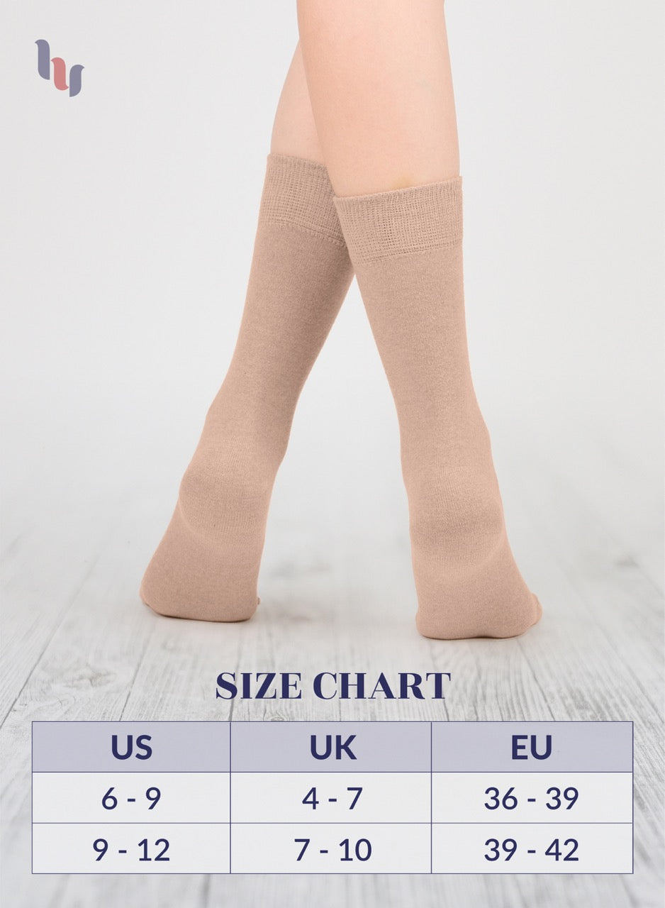 Beige knee-high socks on a light gray background with a size chart below.