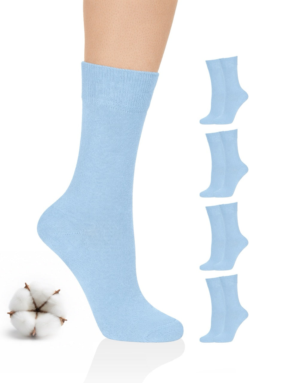 Blue socks with cotton ball on a white background