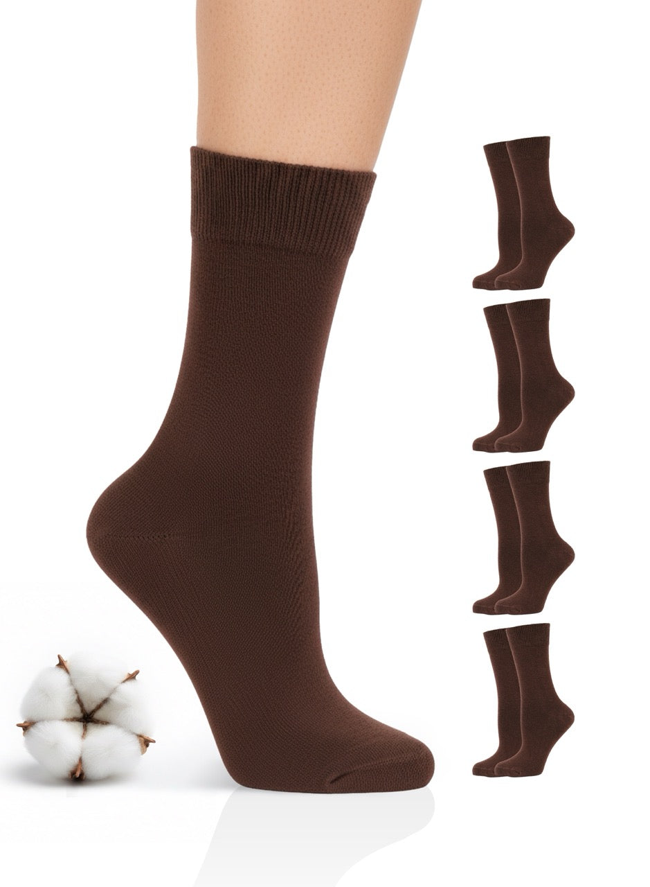 Brown socks with additional pairs displayed on a white background, featuring a cotton plant.