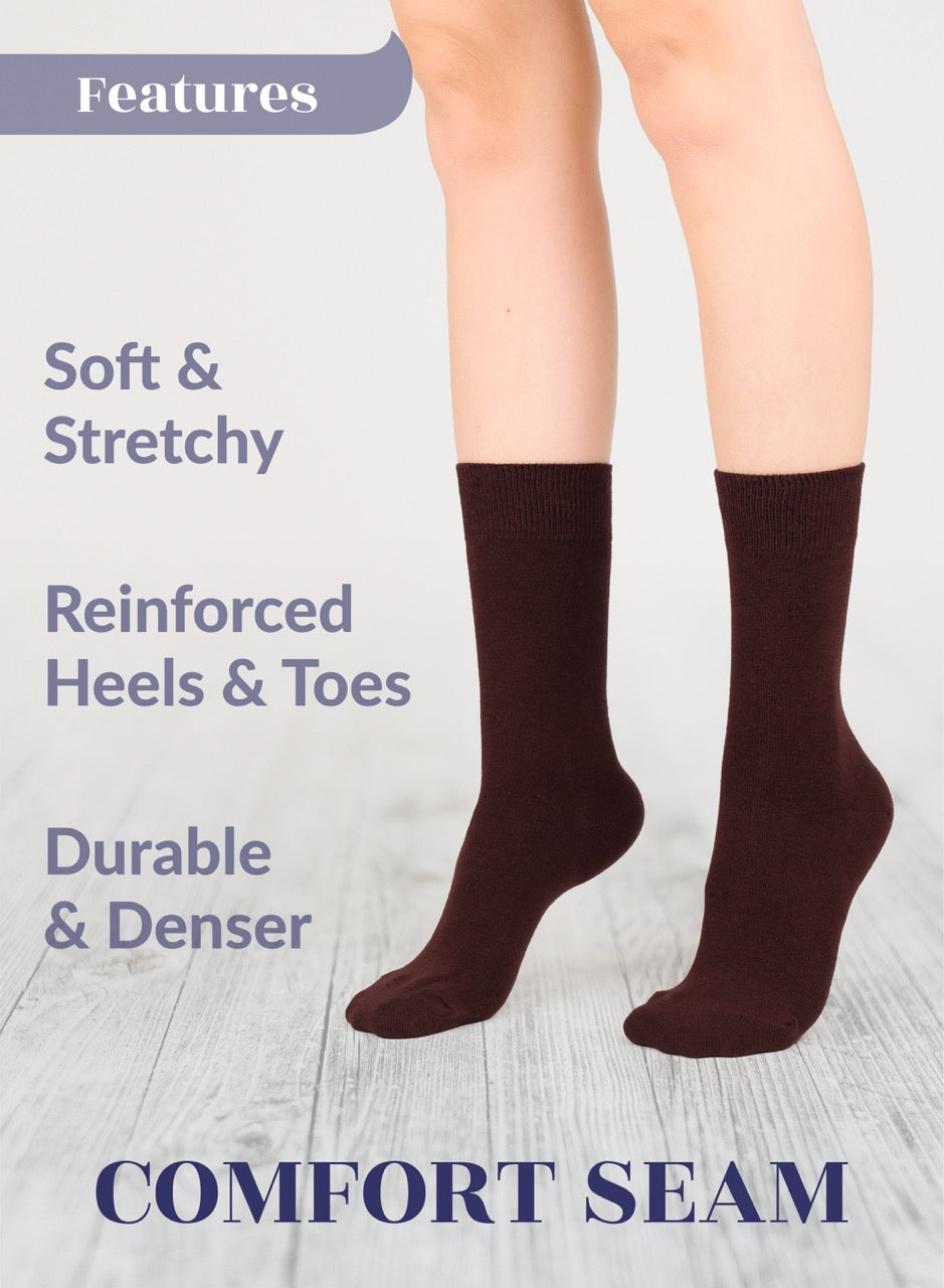 Dark Brown socks with text highlighting features on a light gray background