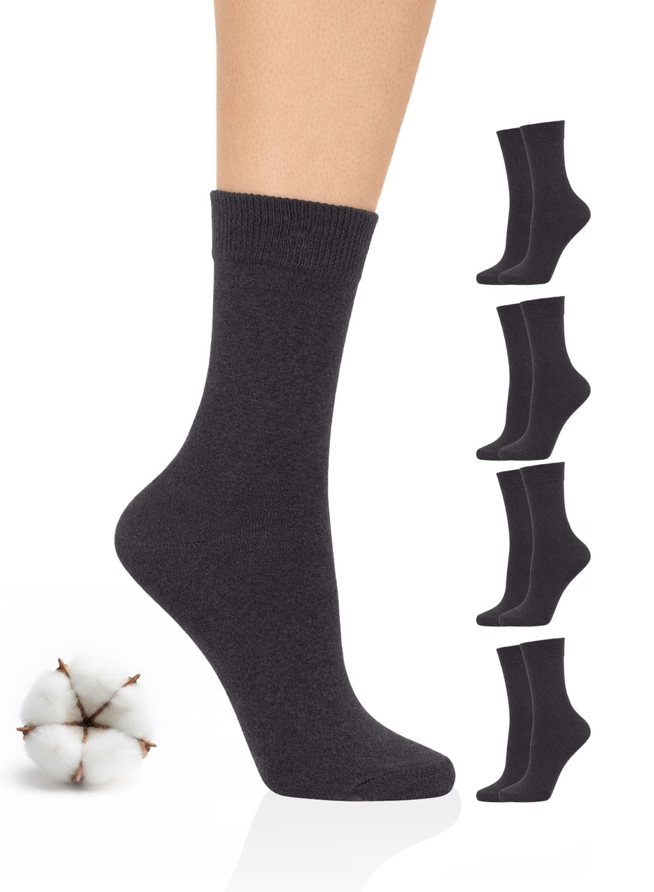 Dark gray sock with additional pairs stacked on a white background, featuring cotton.
