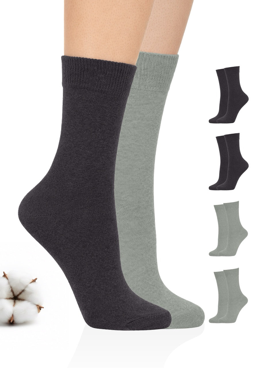 Two pairs of socks, one dark grey and one gray, on a white background with cotton bolls.