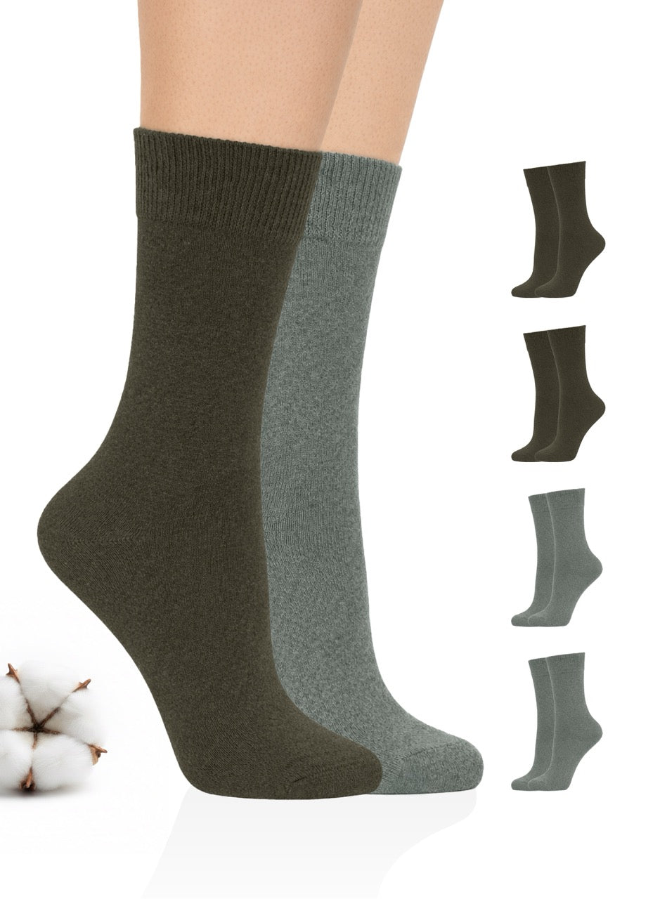 Two pairs of socks in dark khaki and gray with additional pairs displayed below on a white background.