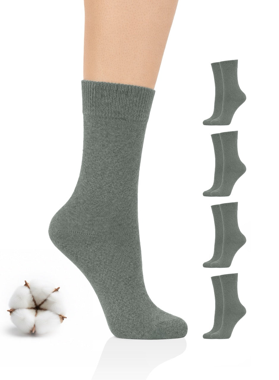 Gray sock with additional pairs displayed and cotton bolls on a white background
