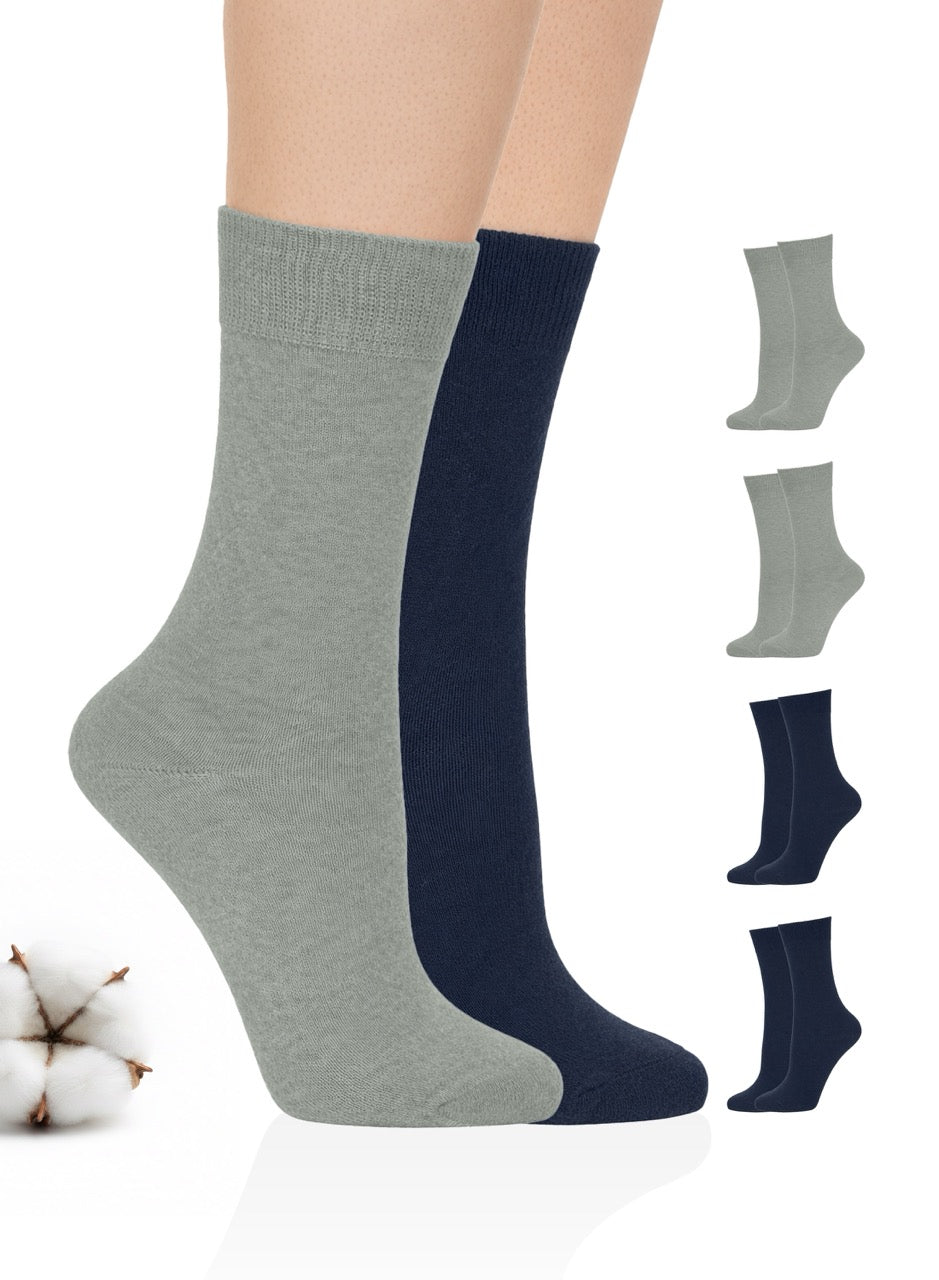 Gray and navy blue socks with additional pairs displayed on a white background.