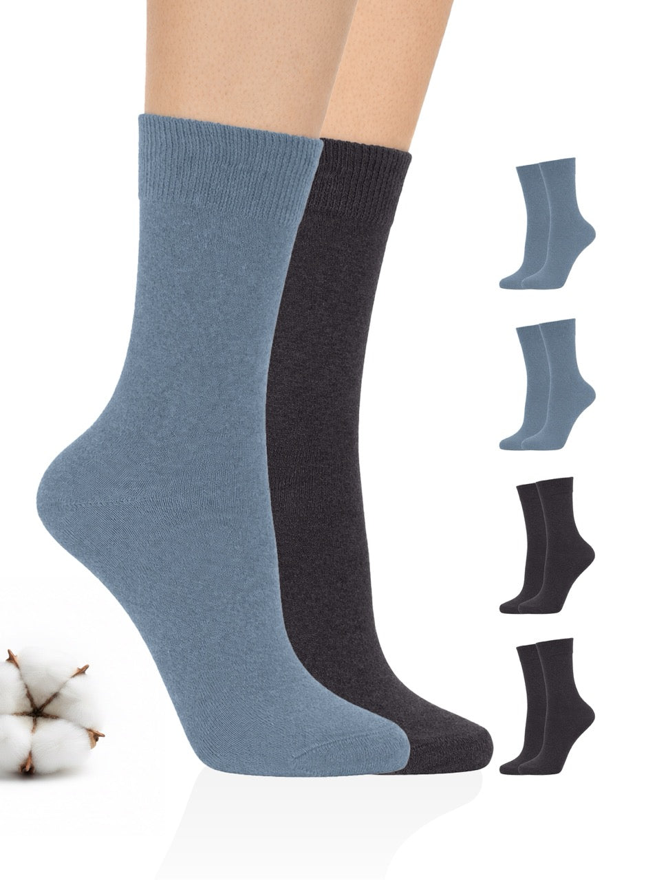 Two pairs of socks, one blue and one dark grey, with additional pairs displayed on a white background.