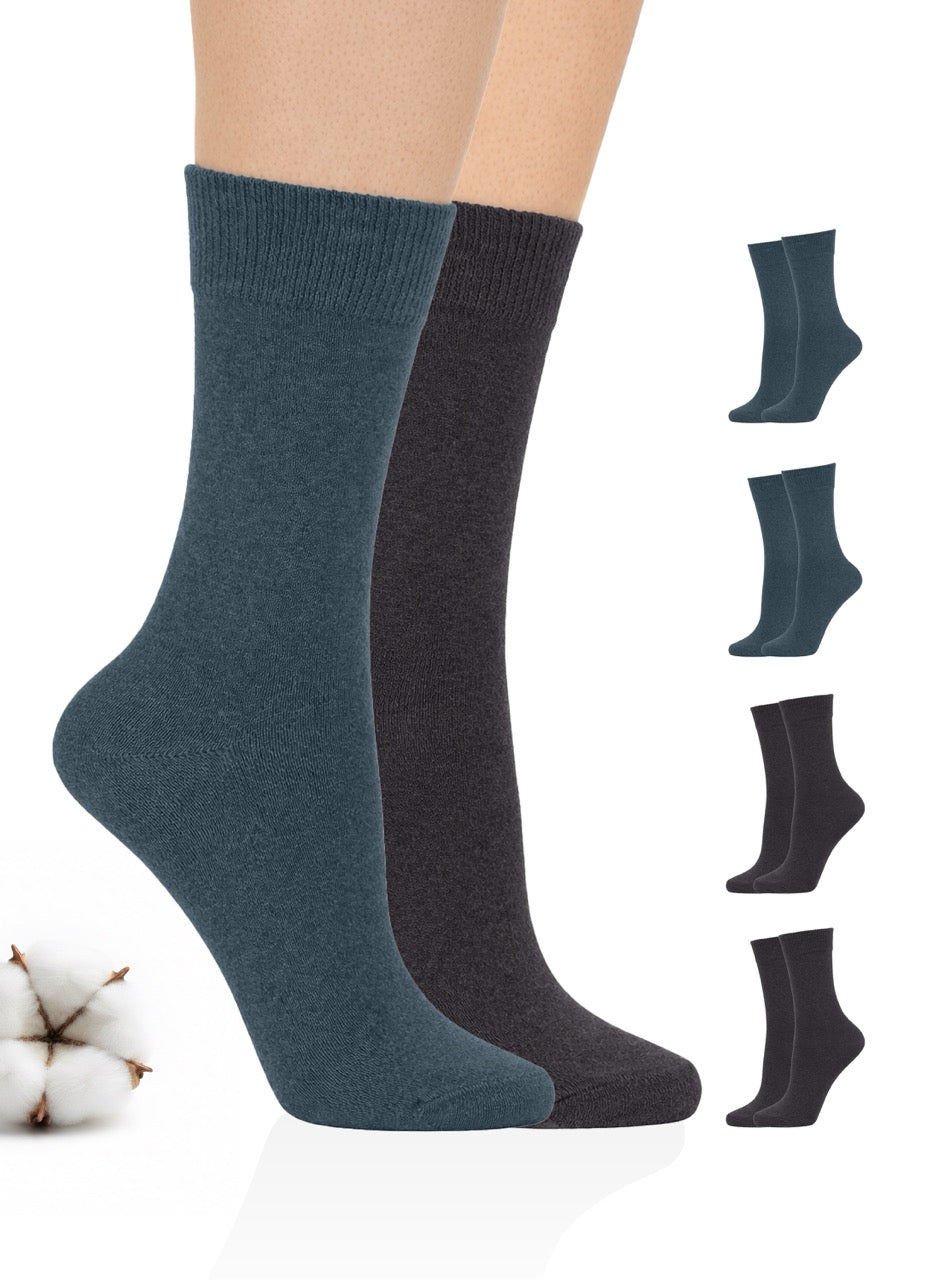 Two pairs of socks in jeans blue and dark grey with additional pairs displayed on a white background.