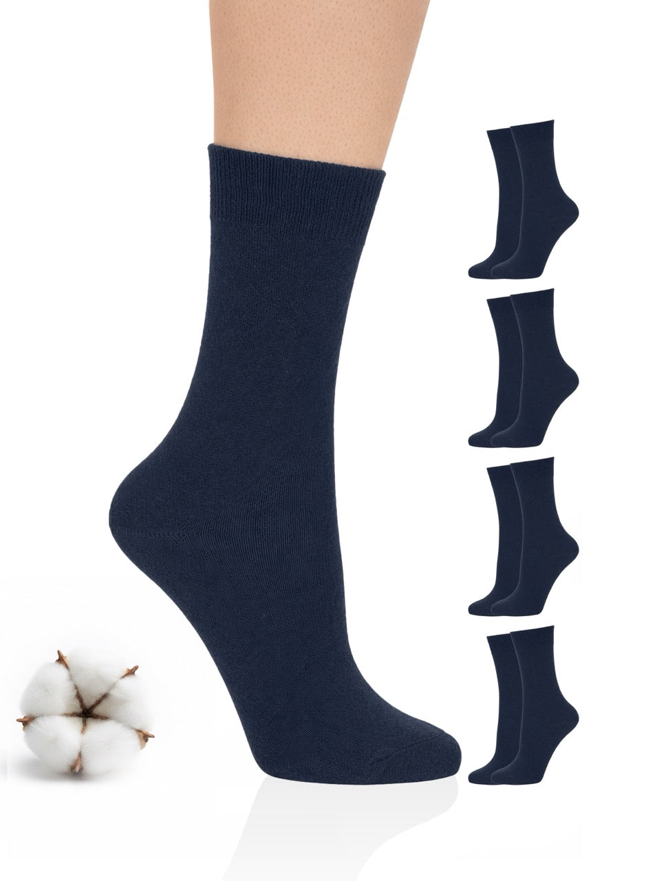 Navy blue socks with additional pairs displayed on a white background, featuring cotton.