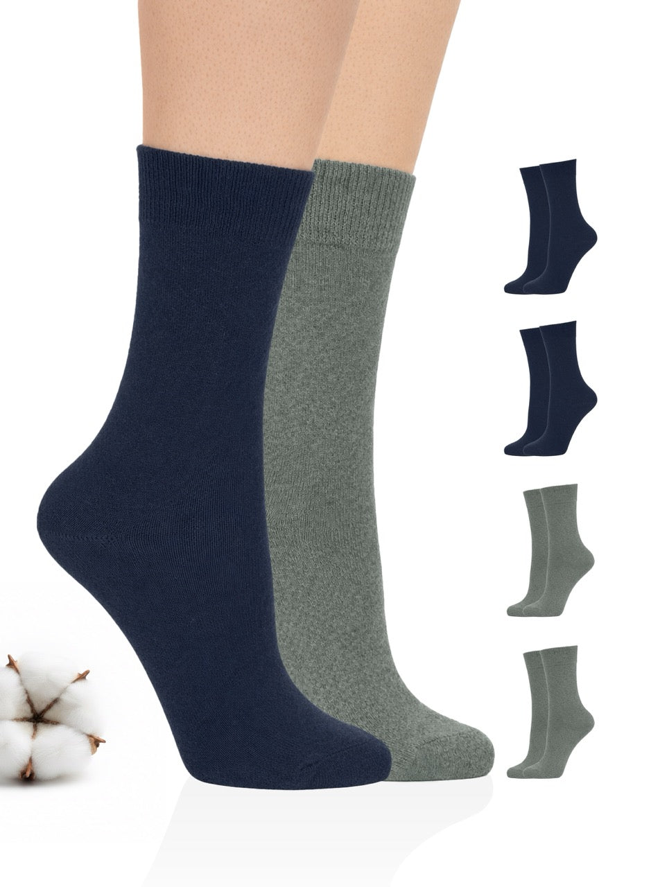 Two pairs of socks, one navy and one gray, with additional pairs displayed on a white background.