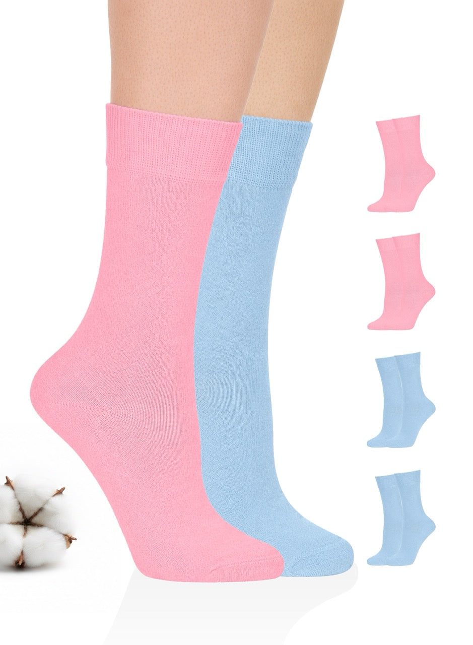 Pink and blue crew socks with additional pairs displayed on a white background.