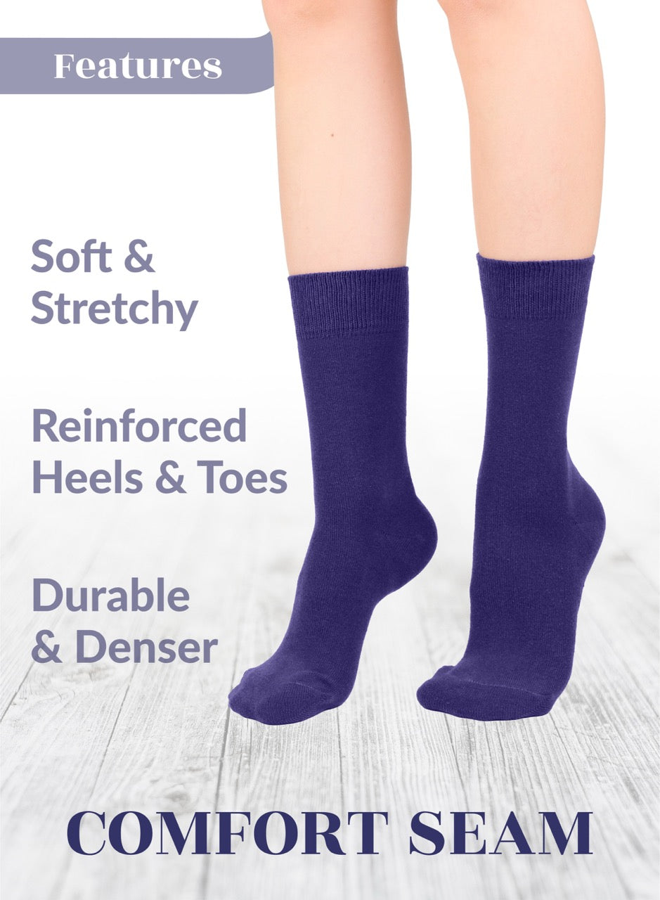 Purple socks with text highlighting features on a light background