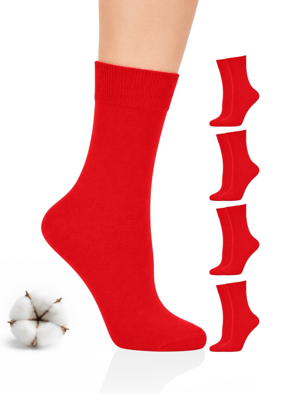 Red socks with a cotton ball on a white background