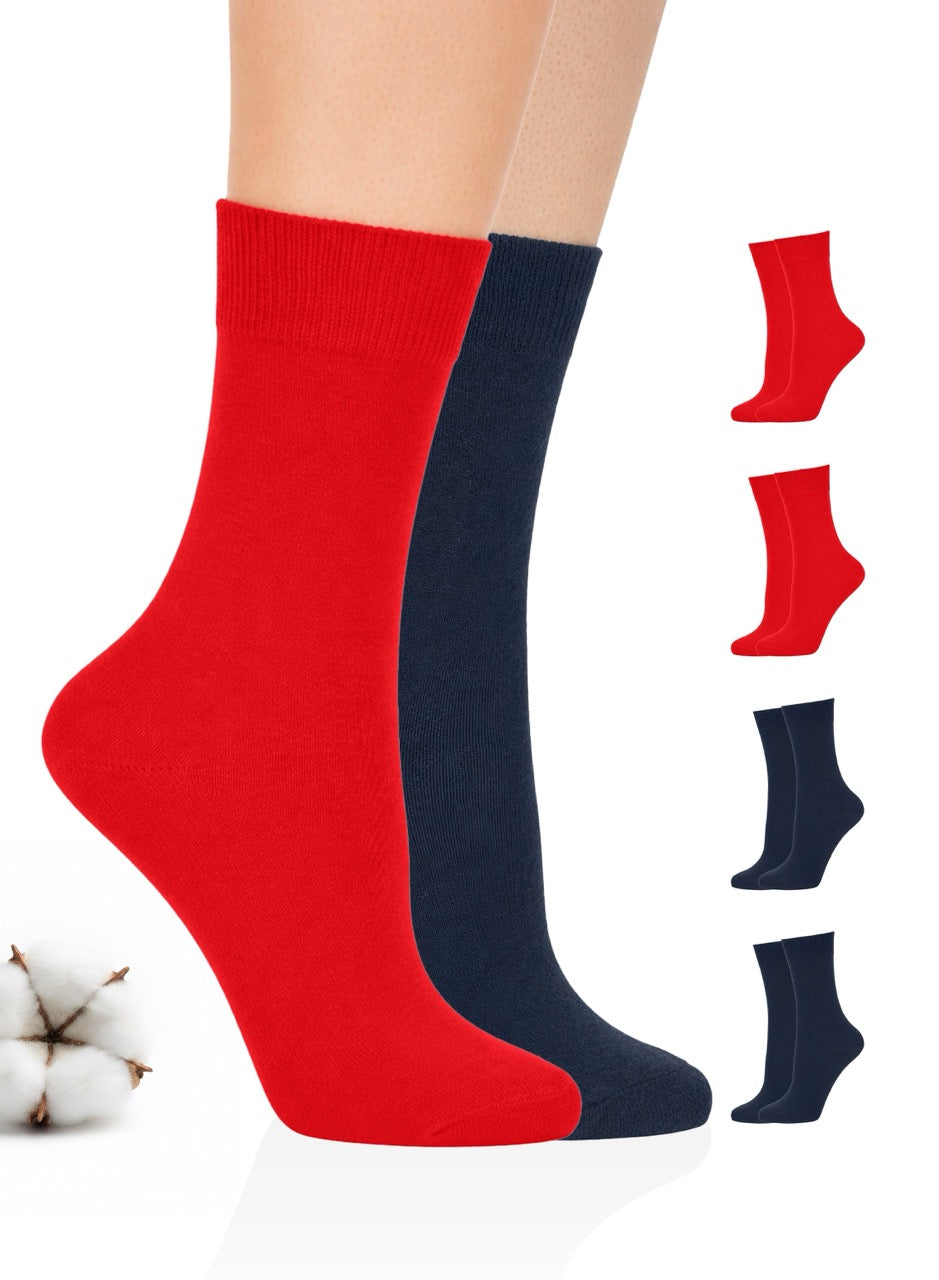 Red and navy socks with additional pairs displayed on a white background.
