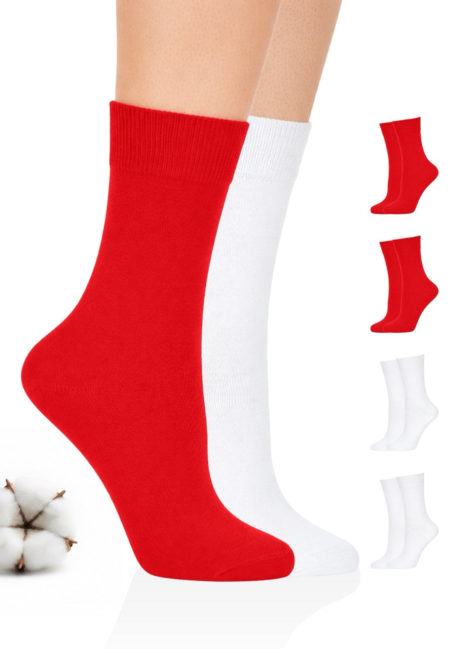 Red and white socks on a white background with cotton bolls.