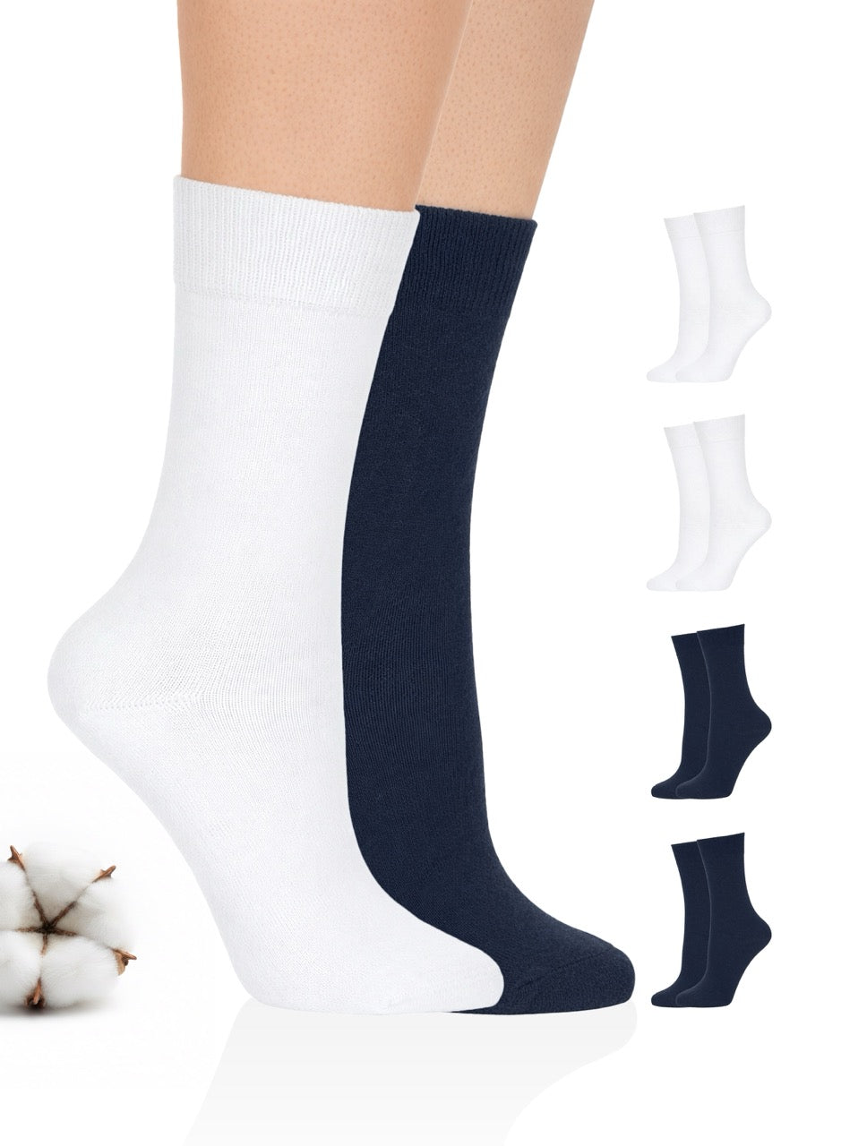 White and navy blue crew socks with additional pairs displayed on a white background.