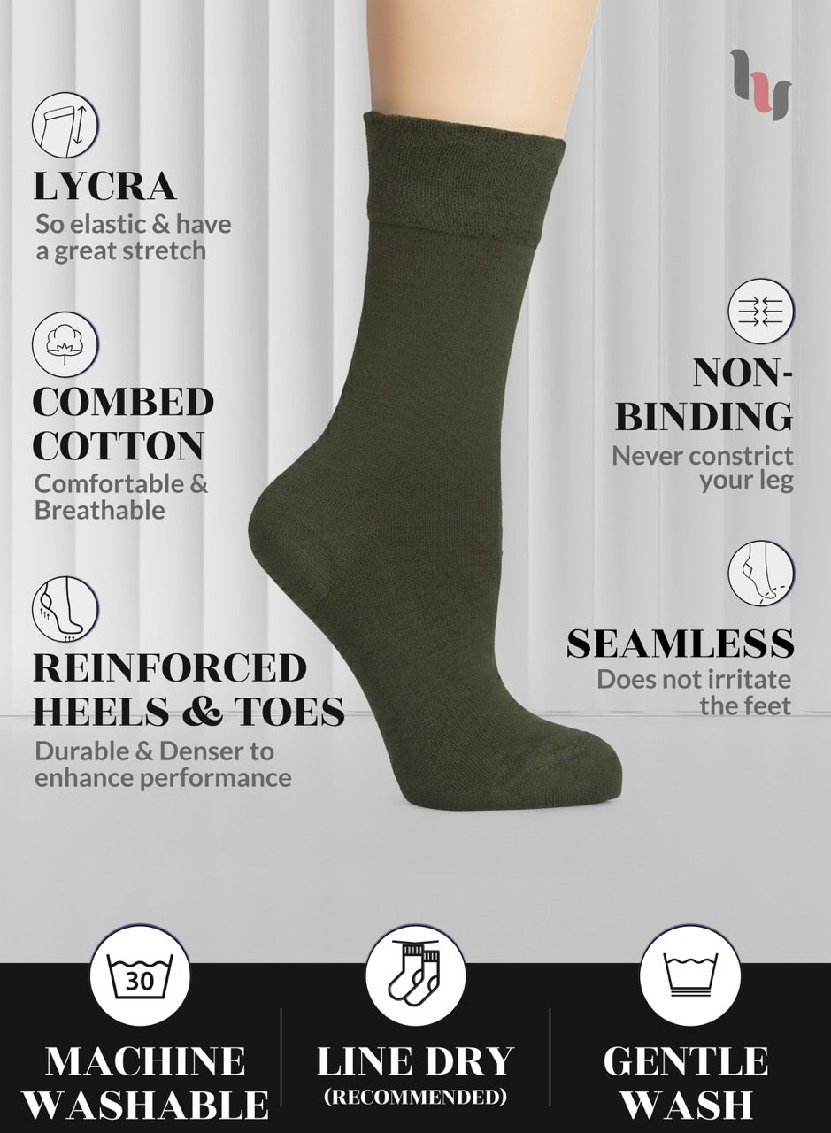 Army Green sock with text highlighting features on a gray background