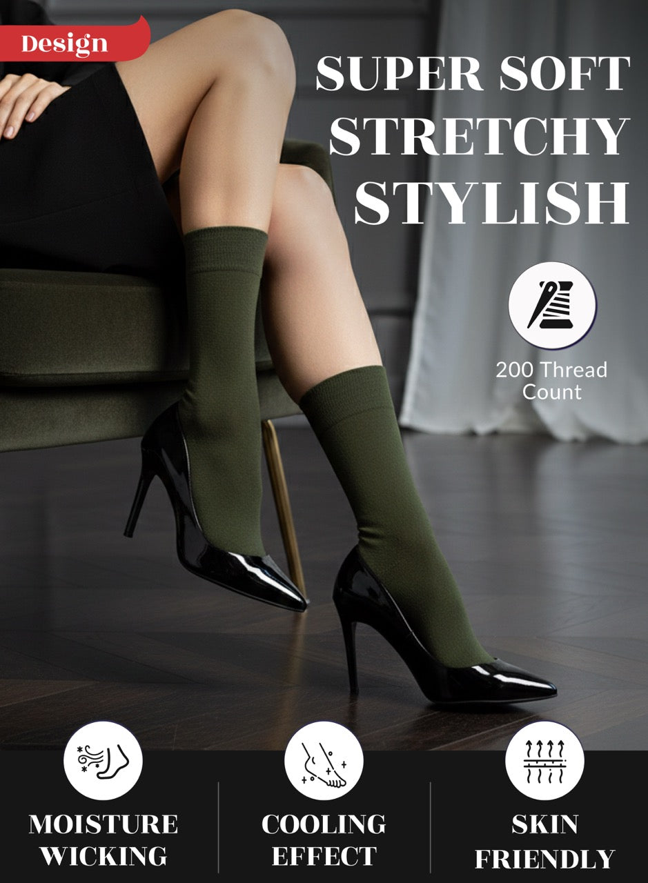Woman wearing army green crew socks with high heels, text highlighting features like 'Super Soft', 'Stretchy', 'Stylish', 'Moisture Wicking', 'Cooling Effect', and 'Skin Friendly'.